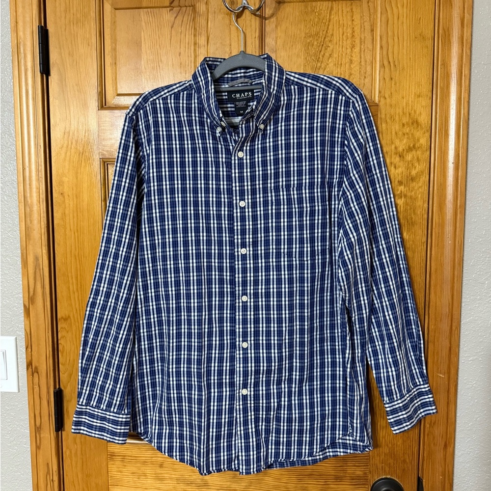 Chaps Men's Navy Blue Plaid Button Down Shirt size Medium